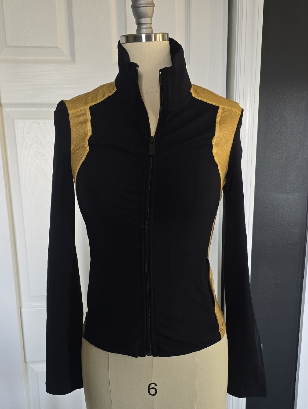 Bebe Sport Stretch Black & Gold Fitted Zip-Front Jacket - Women